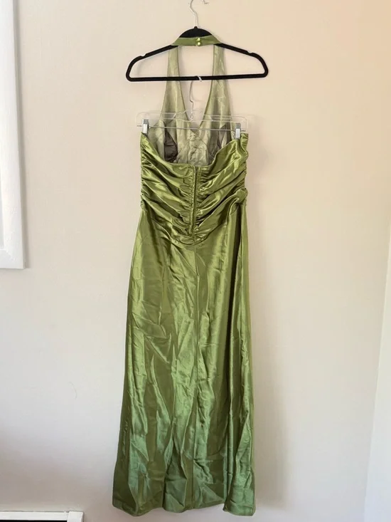 Vintage 90s Satin Slip Green Prom Dress Halter Rouched Maxi Gown Size 13/14 - Picture 3 of 17